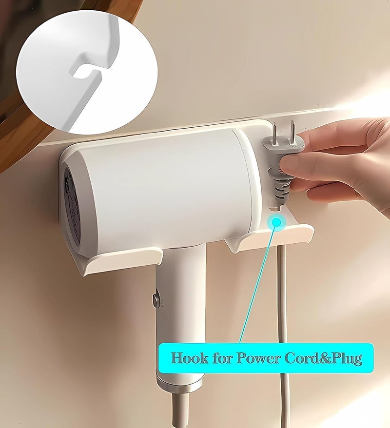 SUPTEC Universal Hair Dryer Holder, Blow Dryer Hanger Wall Mount for Hair Dryer Hook with Plug&Cord Organizer Self Adhesive for Cabinet Bathroom(2 Pack White) - Image 3